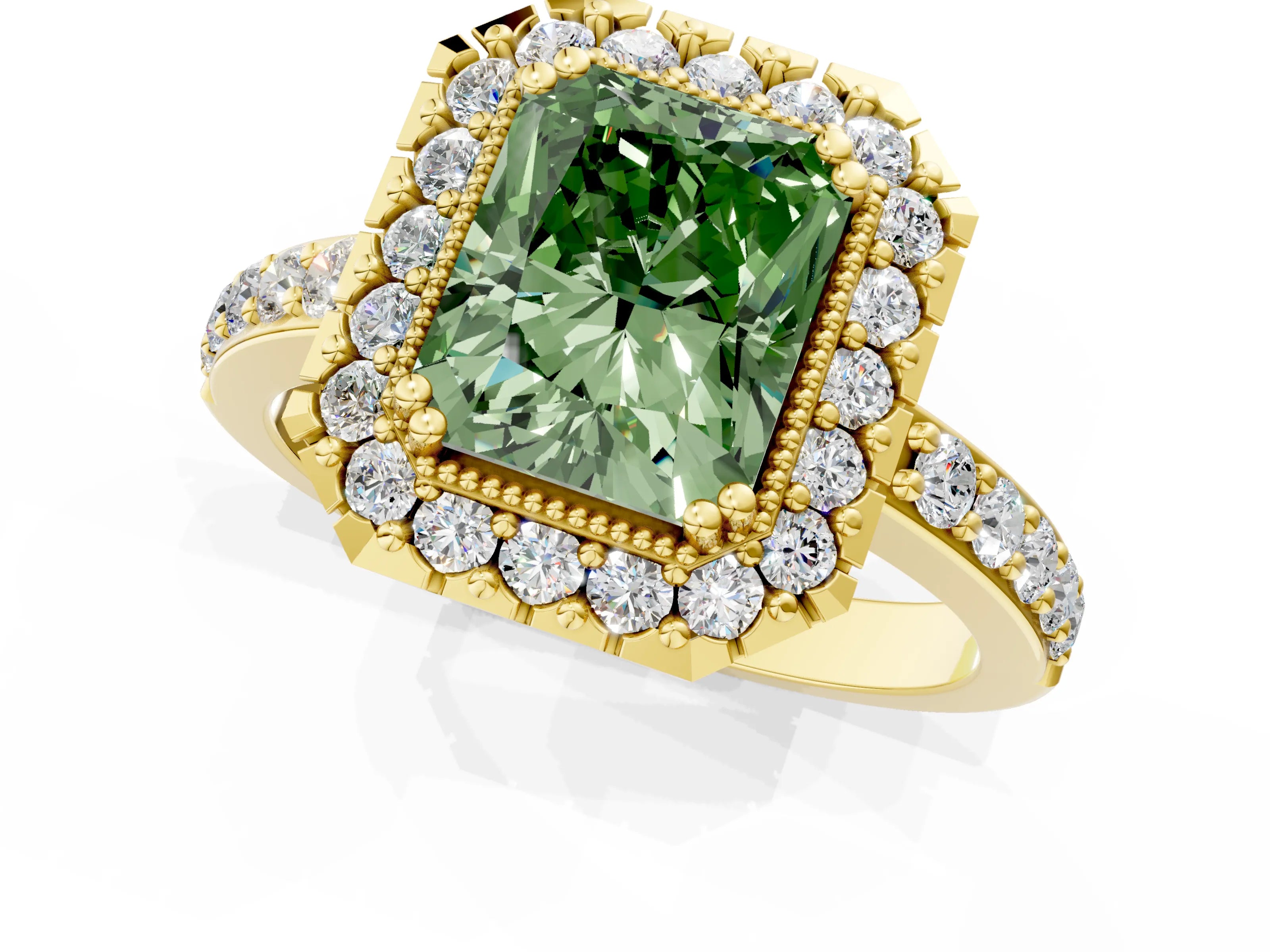 Yellow gold Fancy Green Radiant Cut Diamond Halo Ring with Pavé Band and Prong Setting_1