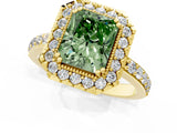 Yellow gold Fancy Green Radiant Cut Diamond Halo Ring with Pavé Band and Prong Setting_1