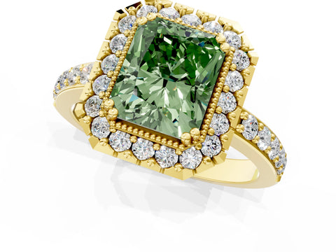 Yellow gold Fancy Green Radiant Cut Diamond Halo Ring with Pavé Band and Prong Setting_1