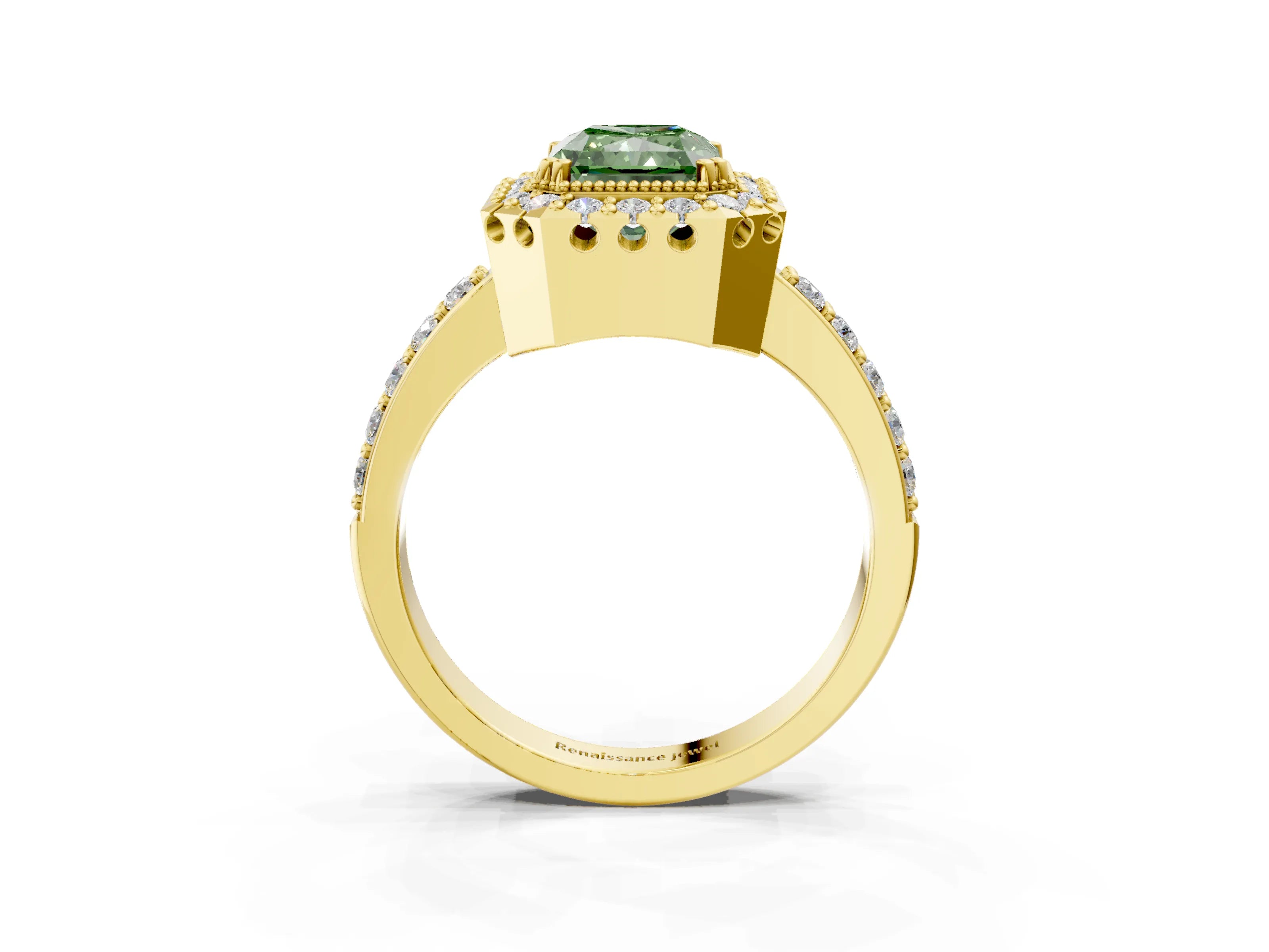 Yellow gold Fancy Green Radiant Cut Diamond Halo Ring with Pavé Band and Prong Setting_3