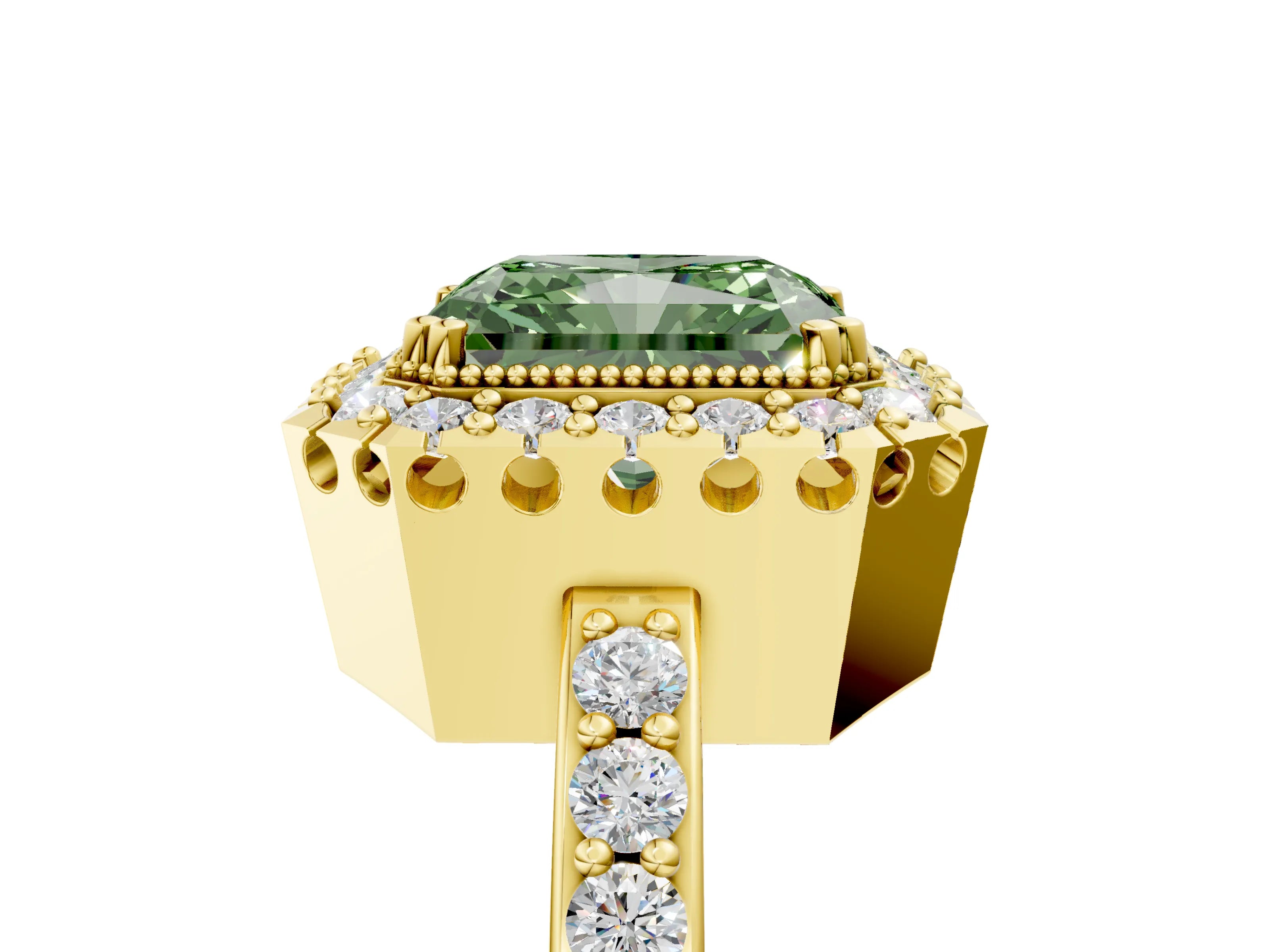 Yellow gold Fancy Green Radiant Cut Diamond Halo Ring with Pavé Band and Prong Setting_5