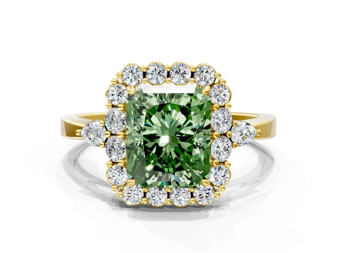 Yellow gold Fancy Green Radiant Cut Diamond Halo Ring with Pear Side Stones and Prong Setting_50
