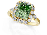 Yellow gold Fancy Green Radiant Cut Diamond Halo Ring with Pear Side Stones and Prong Setting_51