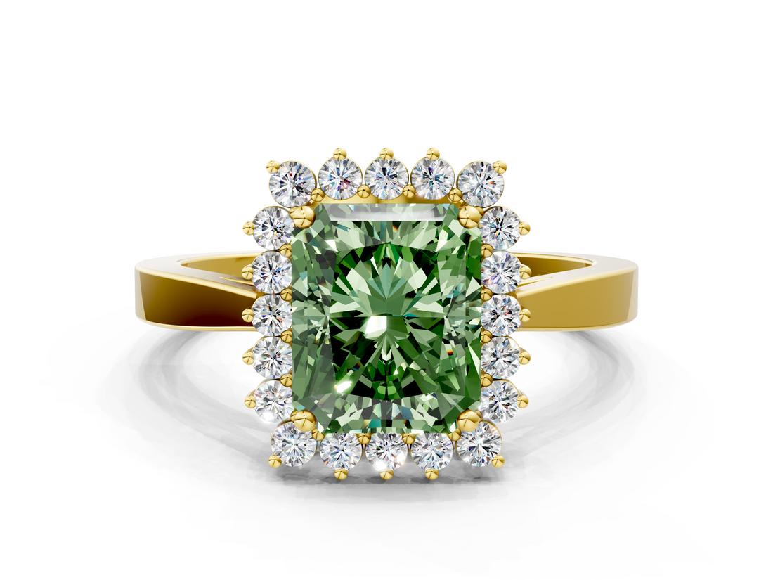 Yellow gold Fancy Green Radiant  Cut Diamond Halo Ring with Round Brilliant Halo and Solitaire Band_87