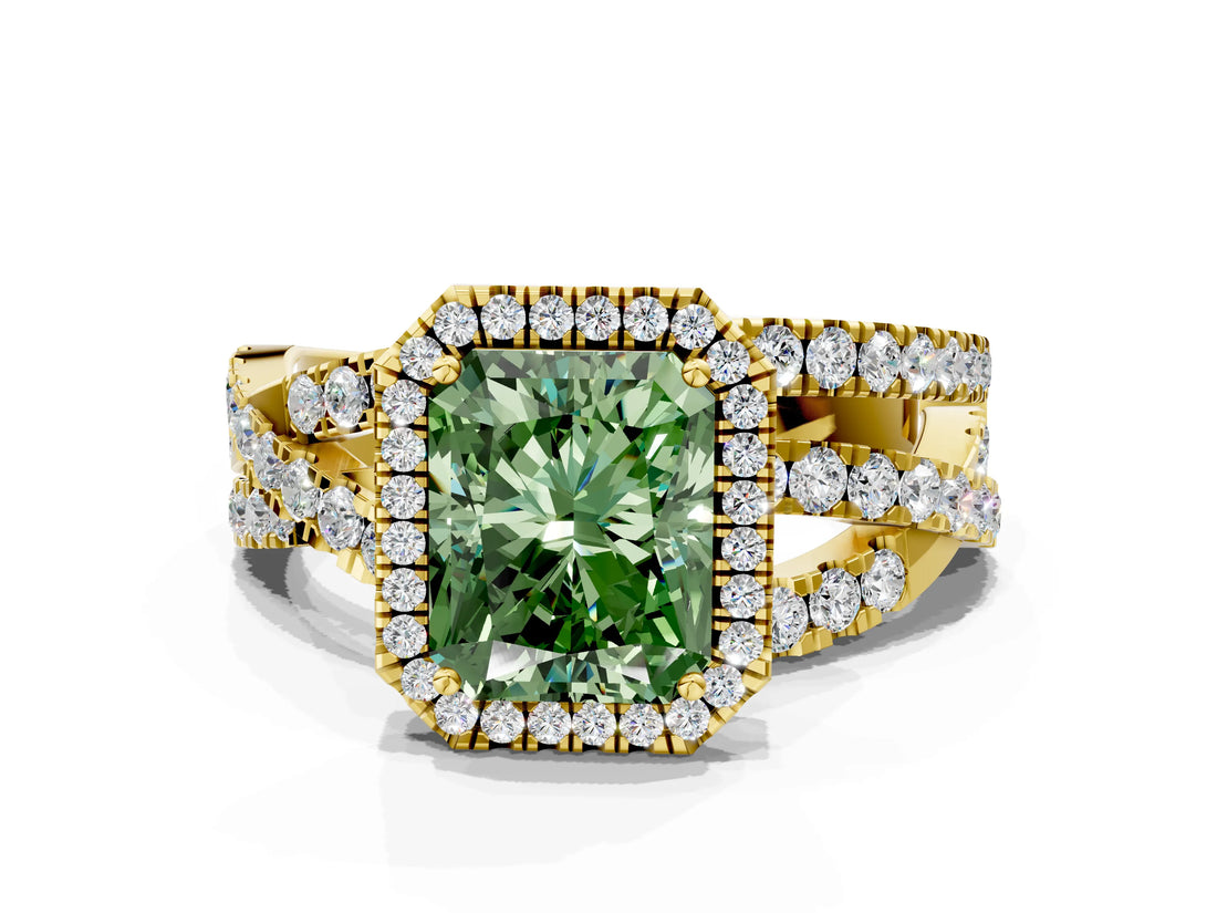 Yellow gold Fancy Green Radiant Cut Diamond Halo Ring with Round Split Shank and Prong Setting_36