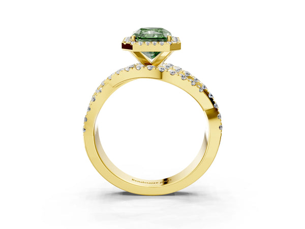 Yellow Gold Radiant Cut Halo Twist Engagement Ring Setting for Fancy Green Center