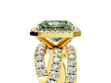 Yellow gold Fancy Green Radiant Cut Diamond Halo Ring with Round Split Shank and Prong Setting_41