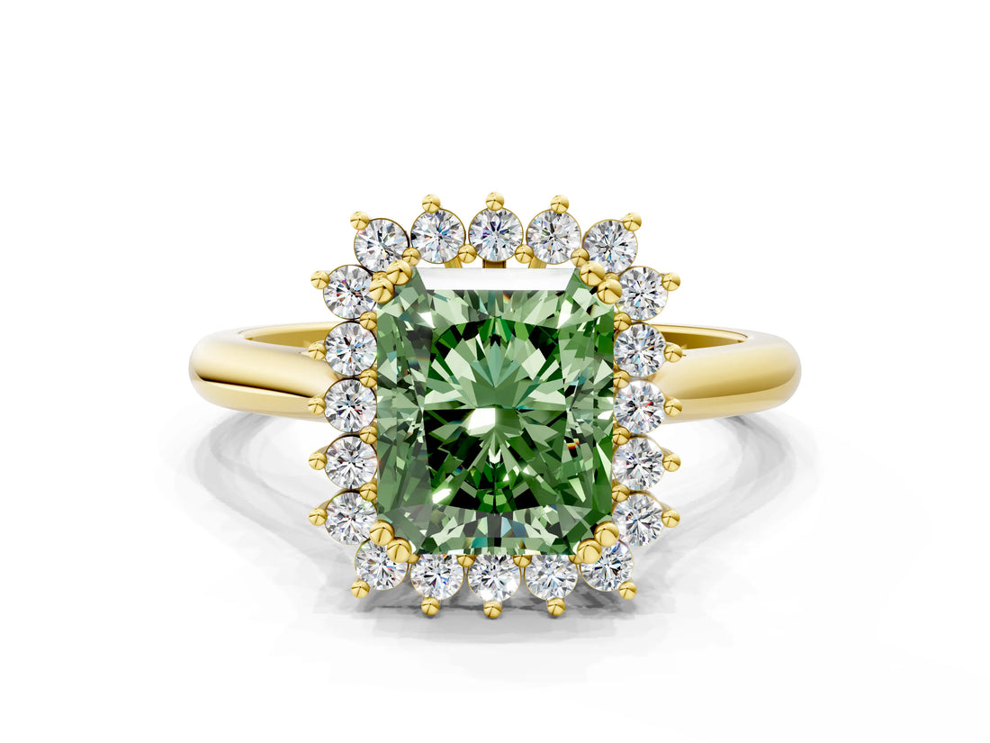 Yellow gold Fancy Green Radiant  Cut Diamond Halo Ring with Solitaire Band and Prong Setting_53
