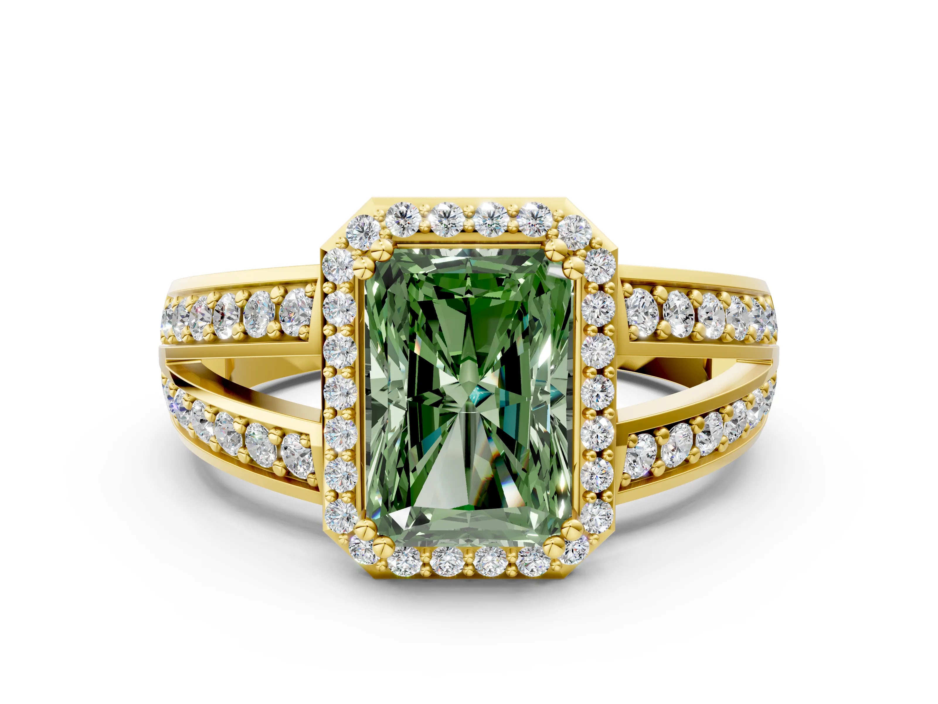 Yellow gold Fancy Green Radiant Cut Diamond Halo Ring with Split Shank Pavé Band and Four-Prong Setting