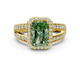 Yellow gold Fancy Green Radiant Cut Diamond Halo Ring with Split Shank Pavé Band and Four-Prong Setting