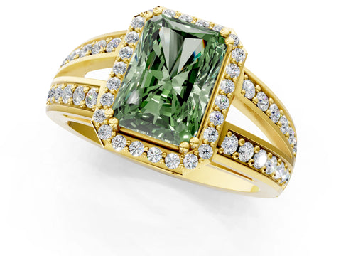Yellow gold Fancy Green Radiant Cut Diamond Halo Ring with Split Shank Pavé Band and Four-Prong Setting_1