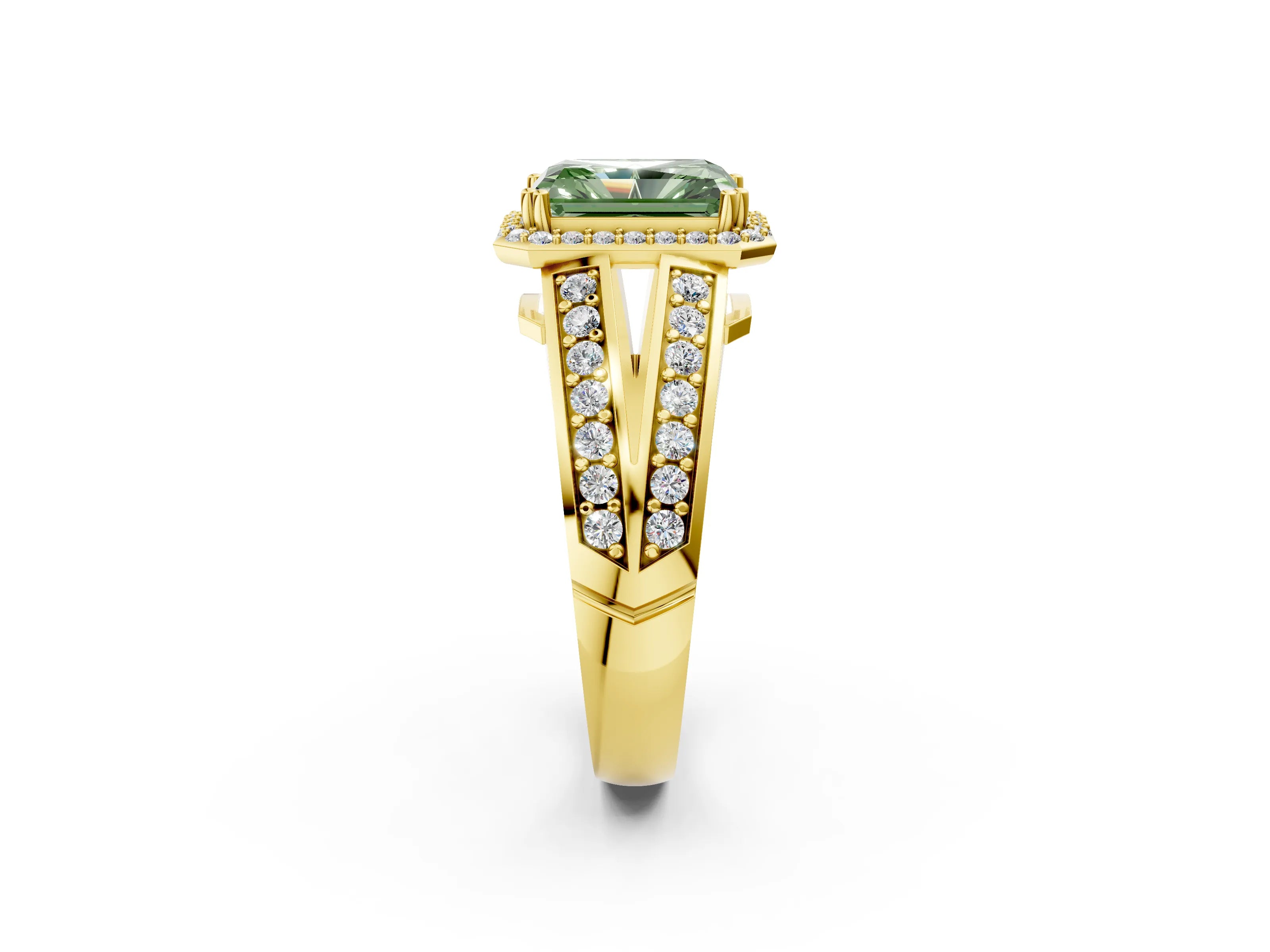 Yellow gold Fancy Green Radiant Cut Diamond Halo Ring with Split Shank Pavé Band and Four-Prong Setting_2