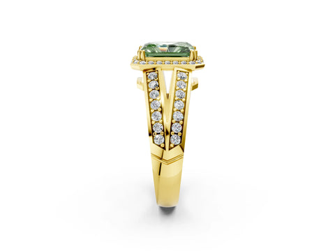 Yellow gold Fancy Green Radiant Cut Diamond Halo Ring with Split Shank Pavé Band and Four-Prong Setting_2