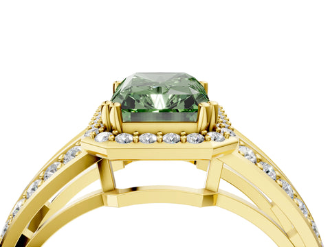Yellow gold Fancy Green Radiant Cut Diamond Halo Ring with Split Shank Pavé Band and Four-Prong Setting_4