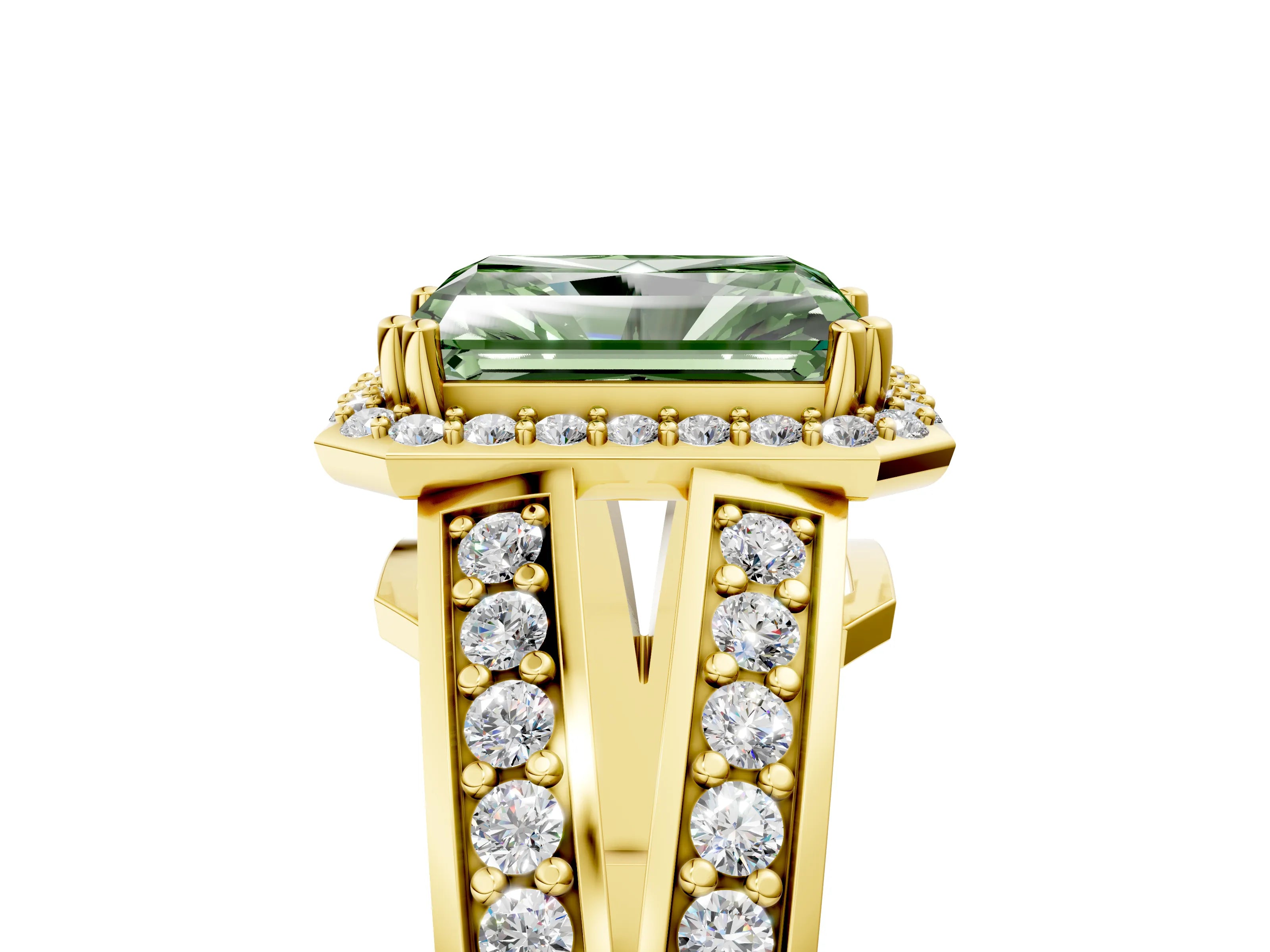 Yellow gold Fancy Green Radiant Cut Diamond Halo Ring with Split Shank Pavé Band and Four-Prong Setting_5