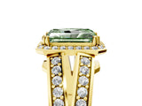 Yellow gold Fancy Green Radiant Cut Diamond Halo Ring with Split Shank Pavé Band and Four-Prong Setting_5