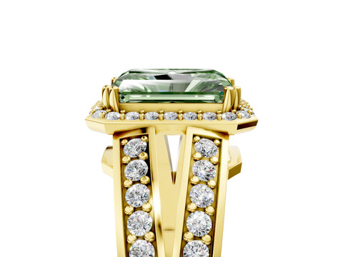 Yellow gold Fancy Green Radiant Cut Diamond Halo Ring with Split Shank Pavé Band and Four-Prong Setting_5