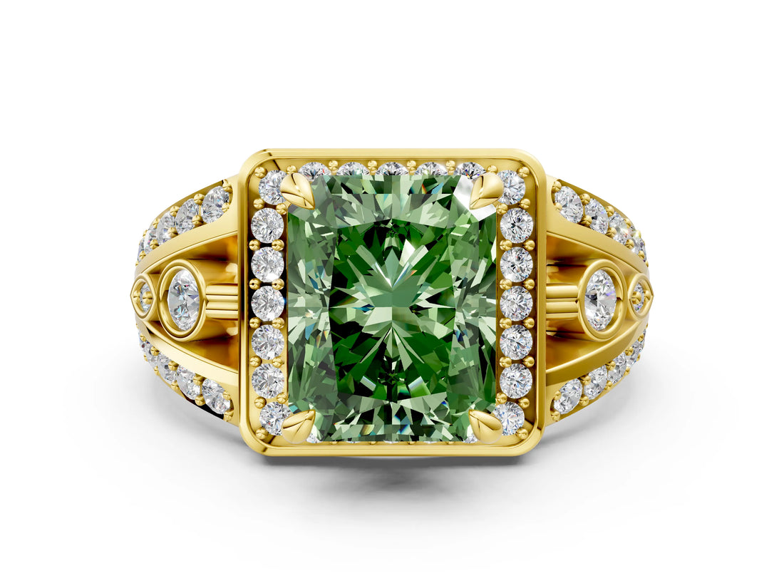 Yellow gold Fancy Green Radiant Cut Diamond Halo Ring with Split Shank and Bezel Accents and Four-Prong Setting