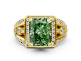 Yellow gold Fancy Green Radiant Cut Diamond Halo Ring with Split Shank and Bezel Accents and Four-Prong Setting