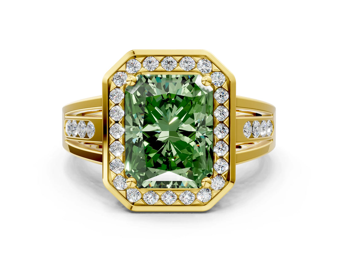 Yellow gold Fancy Green Radiant Cut Diamond Halo Ring with Split Shank and Bezel Accents and Prong Setting
