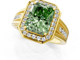 Yellow gold Fancy Green Radiant Cut Diamond Halo Ring with Split Shank and Bezel Accents and Prong Setting_1