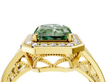 Yellow gold Fancy Green Radiant Cut Diamond Halo Ring with Split Shank and Bezel Accents and Prong Setting_4