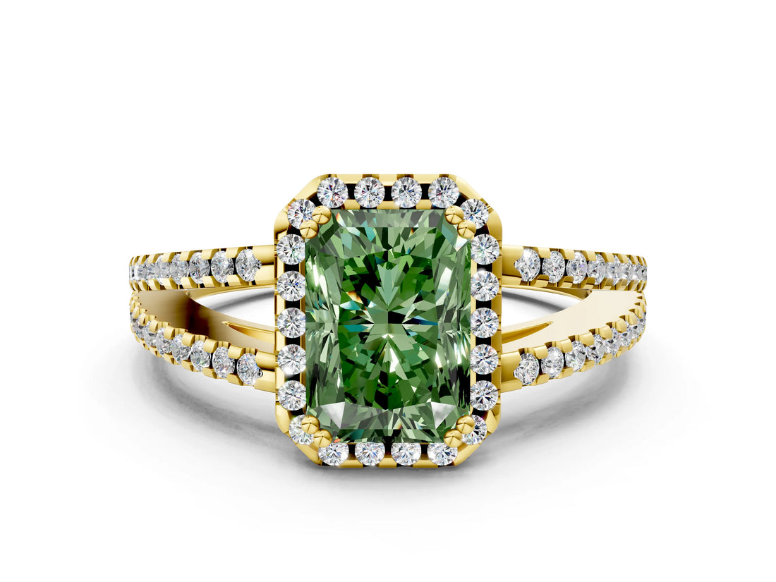 Yellow gold Fancy Green Radiant Cut Diamond Halo Split Shank Engagement Ring_39