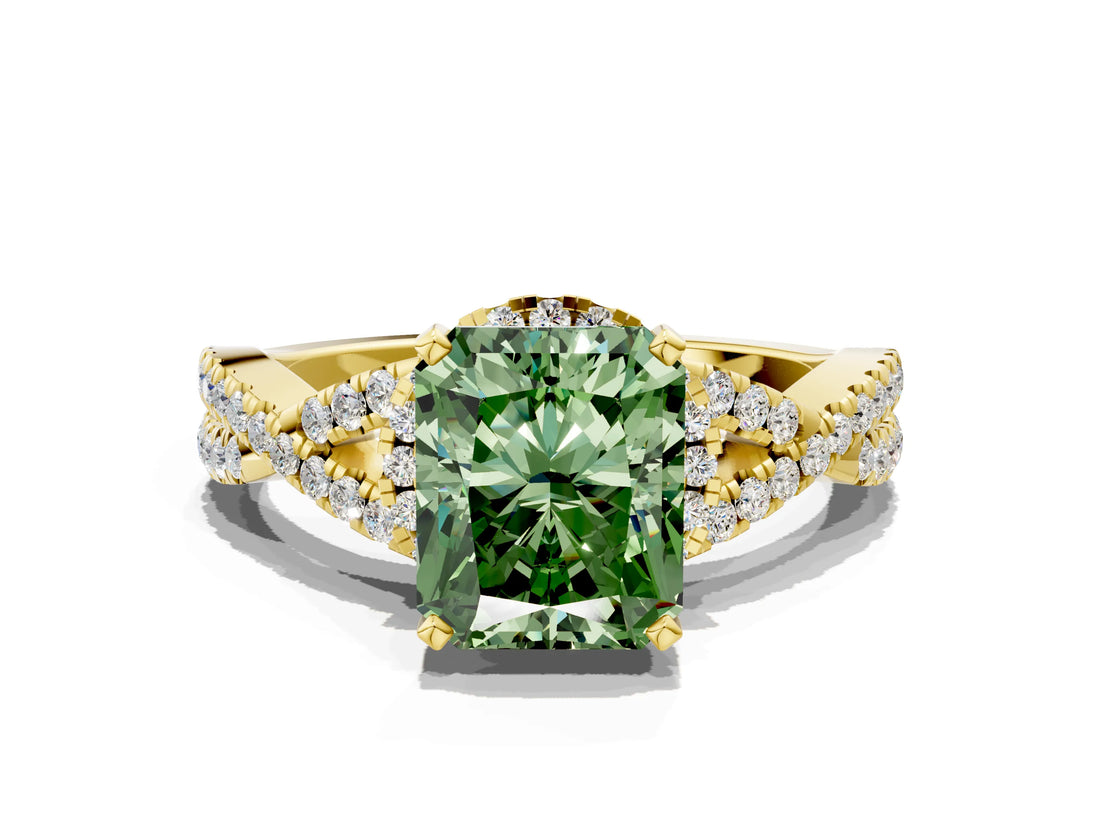 Yellow gold Fancy Green Radiant Cut Diamond  Halo Twist Band Solitaire Prong Setting Ring_48