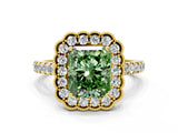 Yellow gold Fancy Green Radiant  Cut Diamond Milgrain Floral Halo Engagement Ring with Pavé Band_15