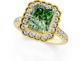 Yellow gold Fancy Green Radiant  Cut Diamond Milgrain Floral Halo Engagement Ring with Pavé Band_16