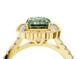 Yellow gold Fancy Green Radiant  Cut Diamond Milgrain Floral Halo Engagement Ring with Pavé Band_19
