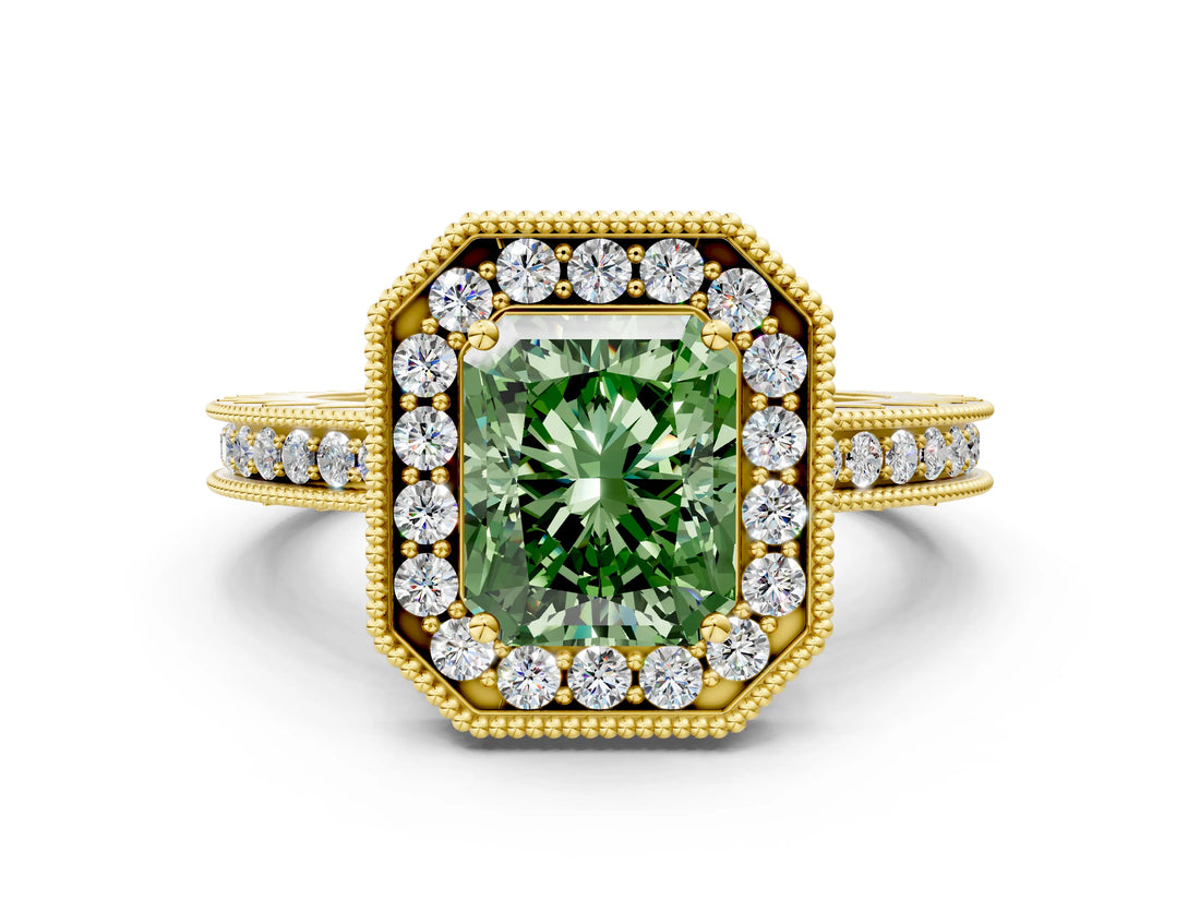Yellow gold Fancy Green Radiant Cut Diamond Milgrain Halo Engagement Ring with Round Pavé Band and Prong Setting_12