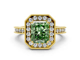 Yellow gold Fancy Green Radiant Cut Diamond Milgrain Halo Engagement Ring with Round Pavé Band and Prong Setting_12