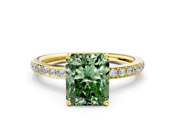 Yellow gold Fancy Green Radiant  Cut Diamond Pavé Band Ring with Four-Prong Setting