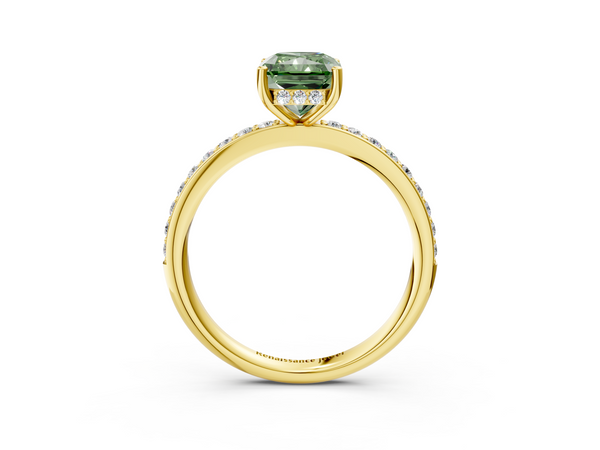 Yellow gold Fancy Green Radiant  Cut Diamond Pavé Band Ring with Four-Prong Setting