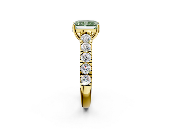 Yellow gold Fancy Green Radiant  Cut Diamond Solitaire Ring with Micro Pave Band and Prong Setting