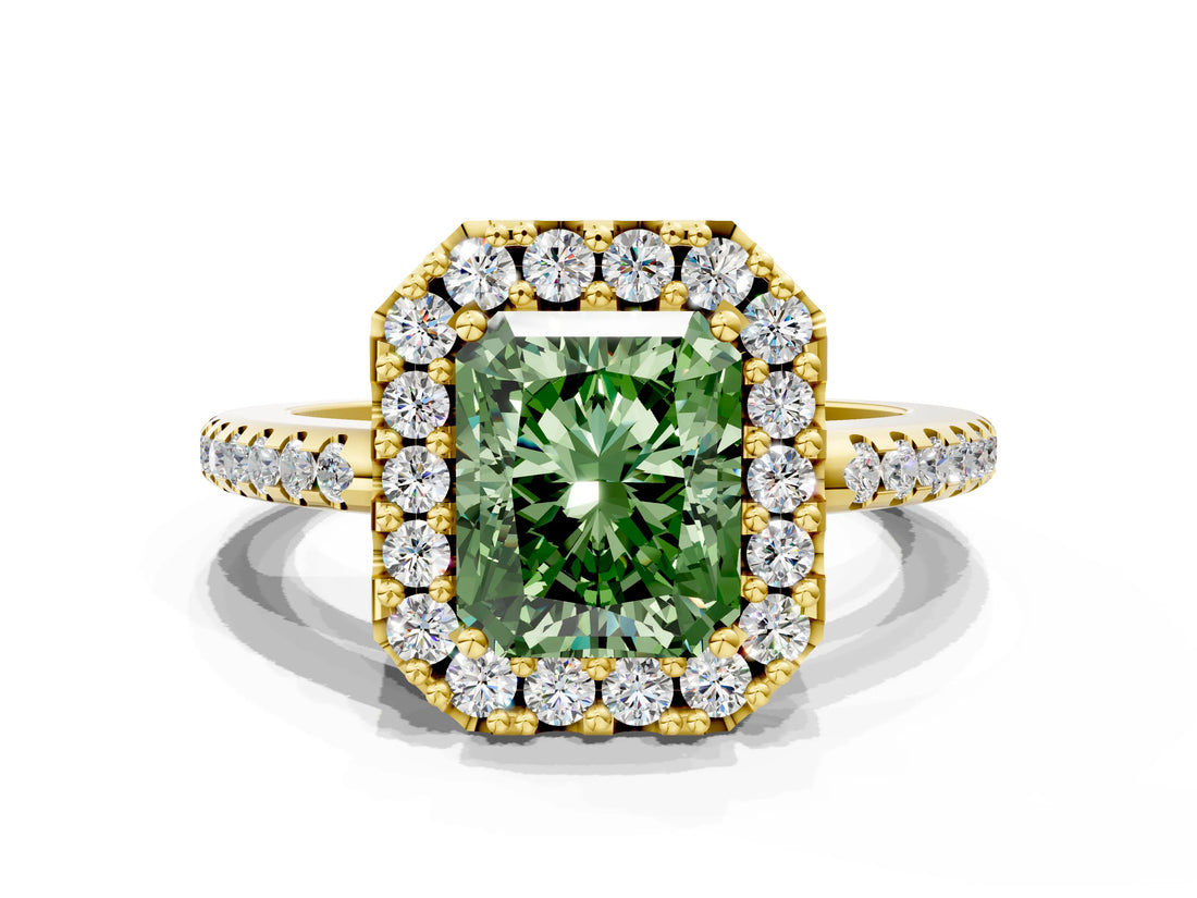 Yellow gold Fancy Green Radiant Cut Diamond Pavé Halo Ring with Four-Prong Setting_36