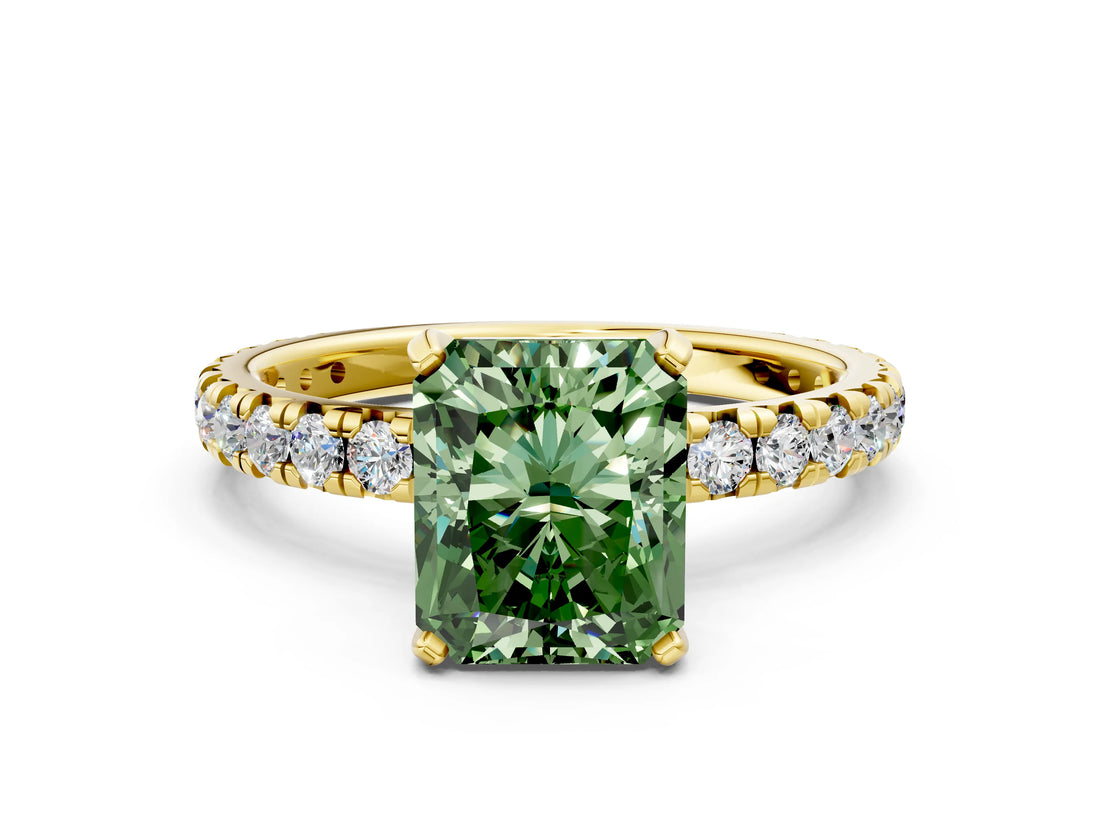 Yellow gold Fancy Green Radiant Cut Diamond Pavé Solitaire Ring with Round Band and Prong Setting_12