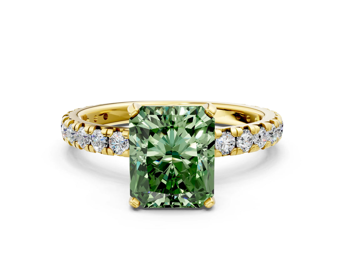 Yellow gold Fancy Green Radiant Cut Diamond Pavé Solitaire Ring with Round Band and Prong Setting_24