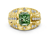 Yellow gold Fancy Green Radiant Cut Diamond Pave Art Deco Split Shank Ring with Four-Prong Setting