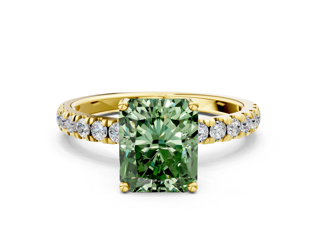 Yellow gold Fancy Green Radiant Cut Diamond Pave Band Solitaire Ring with Four-Prong Setting_58
