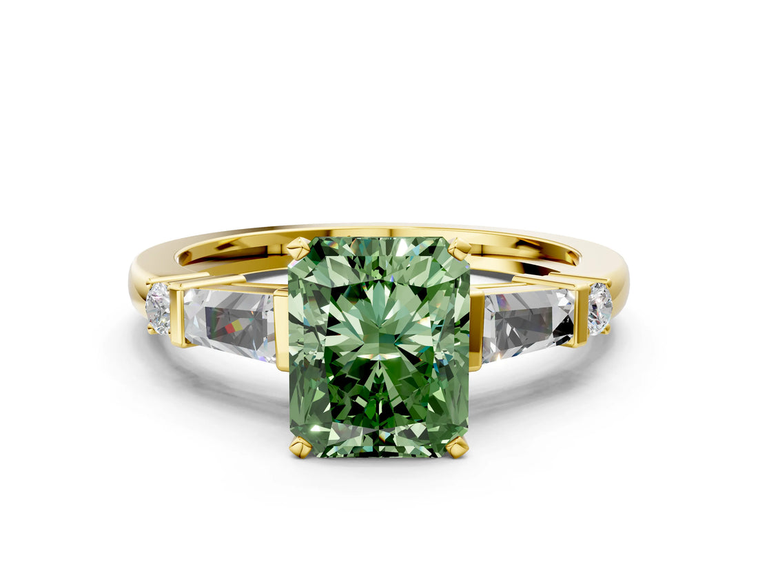 Yellow gold Fancy Green Radiant  Cut Diamond Ring with Baguette Side Stones, Channel Set Band, and Four-Prong Setting_24
