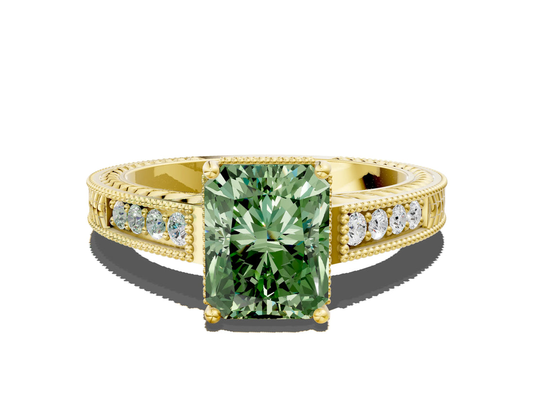 Yellow gold Fancy Green Radiant Cut Diamond Ring with Milgrain Pavé Band and Four-Prong Setting_23