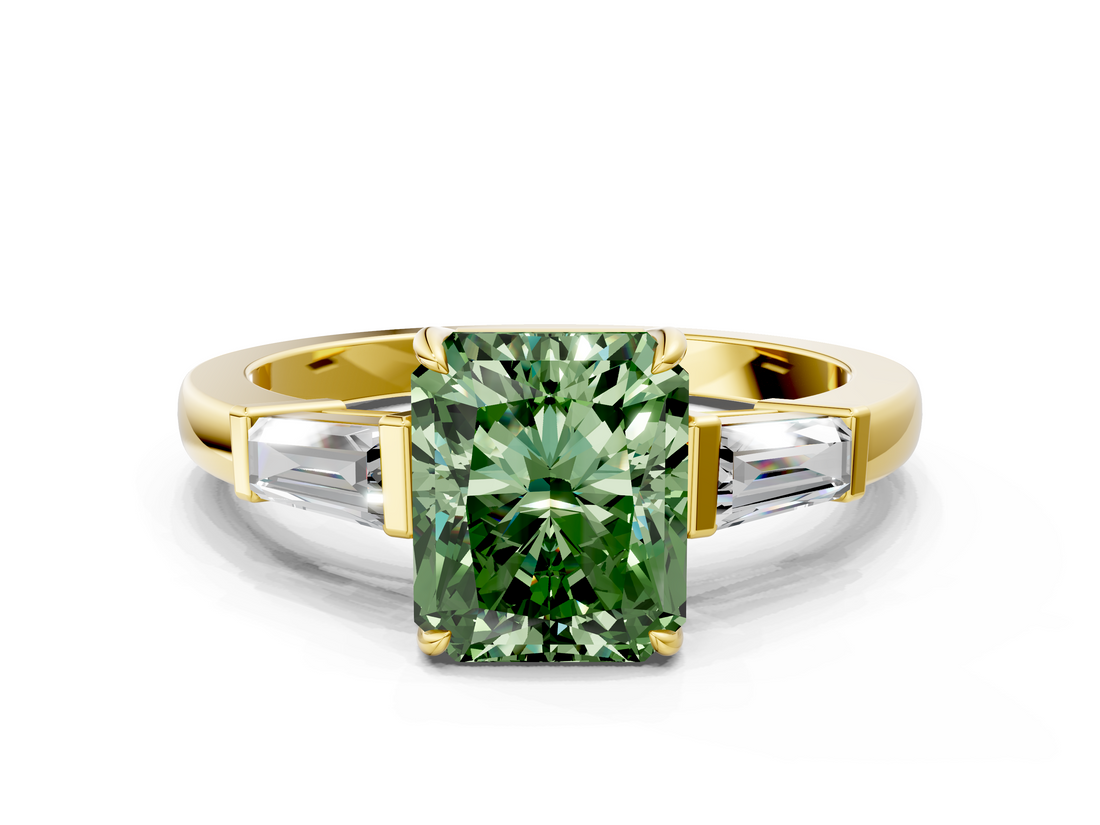 Yellow gold Fancy Green Radiant  Cut Diamond Ring with Tapered Baguette Side Stones in Four-Prong Setting_3