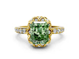 Yellow gold Fancy Green Radiant Cut Diamond Scalloped Halo Engagement Ring with Round Shared Prong Band_12