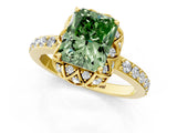 Yellow gold Fancy Green Radiant Cut Diamond Scalloped Halo Engagement Ring with Round Shared Prong Band_13