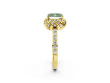 Yellow gold Fancy Green Radiant Cut Diamond Scalloped Halo Engagement Ring with Round Shared Prong Band_14