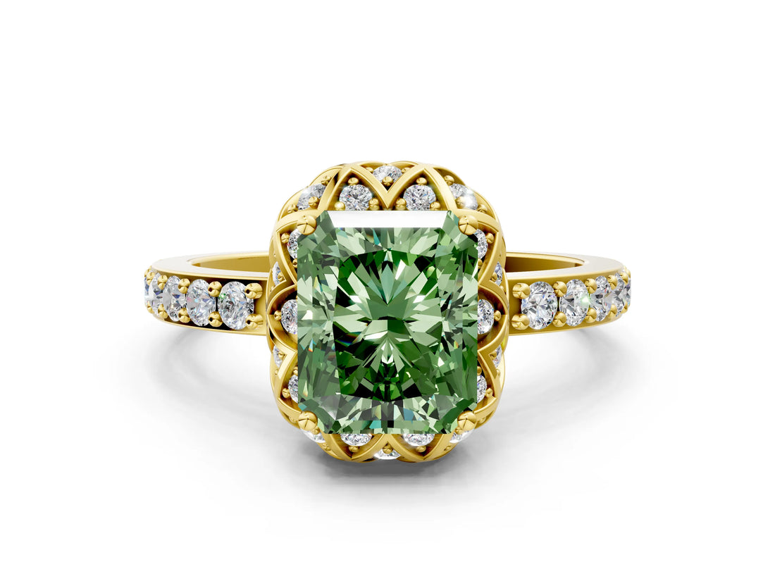 Yellow gold Fancy Green Radiant Cut Diamond Scalloped Halo Engagement Ring with Round Shared Prong Band_24