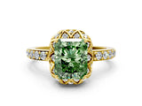 Yellow gold Fancy Green Radiant Cut Diamond Scalloped Halo Engagement Ring with Round Shared Prong Band_24