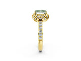 Yellow gold Fancy Green Radiant Cut Diamond Scalloped Halo Engagement Ring with Round Shared Prong Band_26